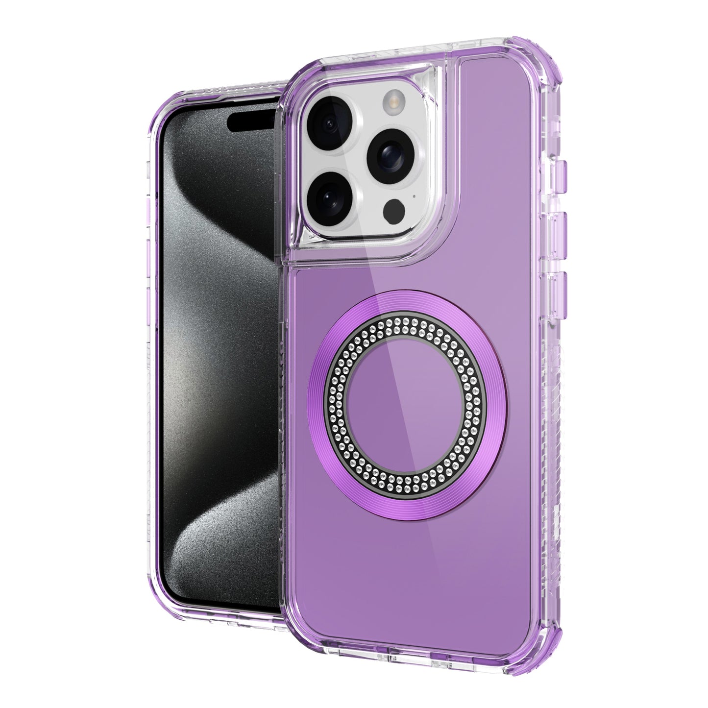 For Apple iPhone 17E /16E Magnetic Circle Compatible with Magsafe, Hybrid Chrome 3in1 Transparent Shockproof TPU Bumper Case Cover Purple