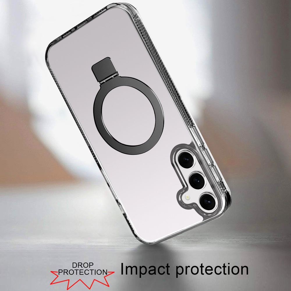 For Samsung Galaxy S25 FE /S25 Fan Edition Transparent Magnetic Ring Circle Stand with MagSafe Compatible Hybrid Dotted Edged Hard PC Shockproof Case Cover Black