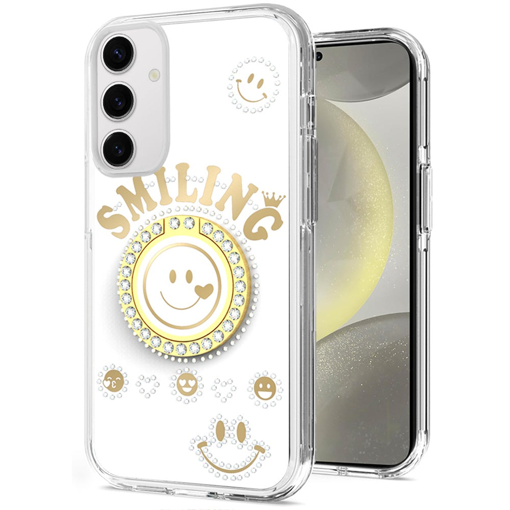 For Samsung Galaxy S25 /S24 Smiling Glitter Ornament Bling Sparkle with Ring Stand Hybrid Slim TPU + Hard Back Shell Case Cover