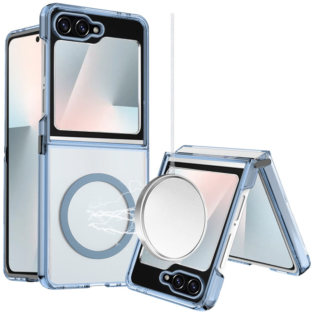 For Samsung Galaxy Z Flip 7 FE / Z Flip 6 Transparent Back Hybrid Case - Magnetic Circle, Color Frame, Metal Buttons, MagSafe Compatible Case Cover