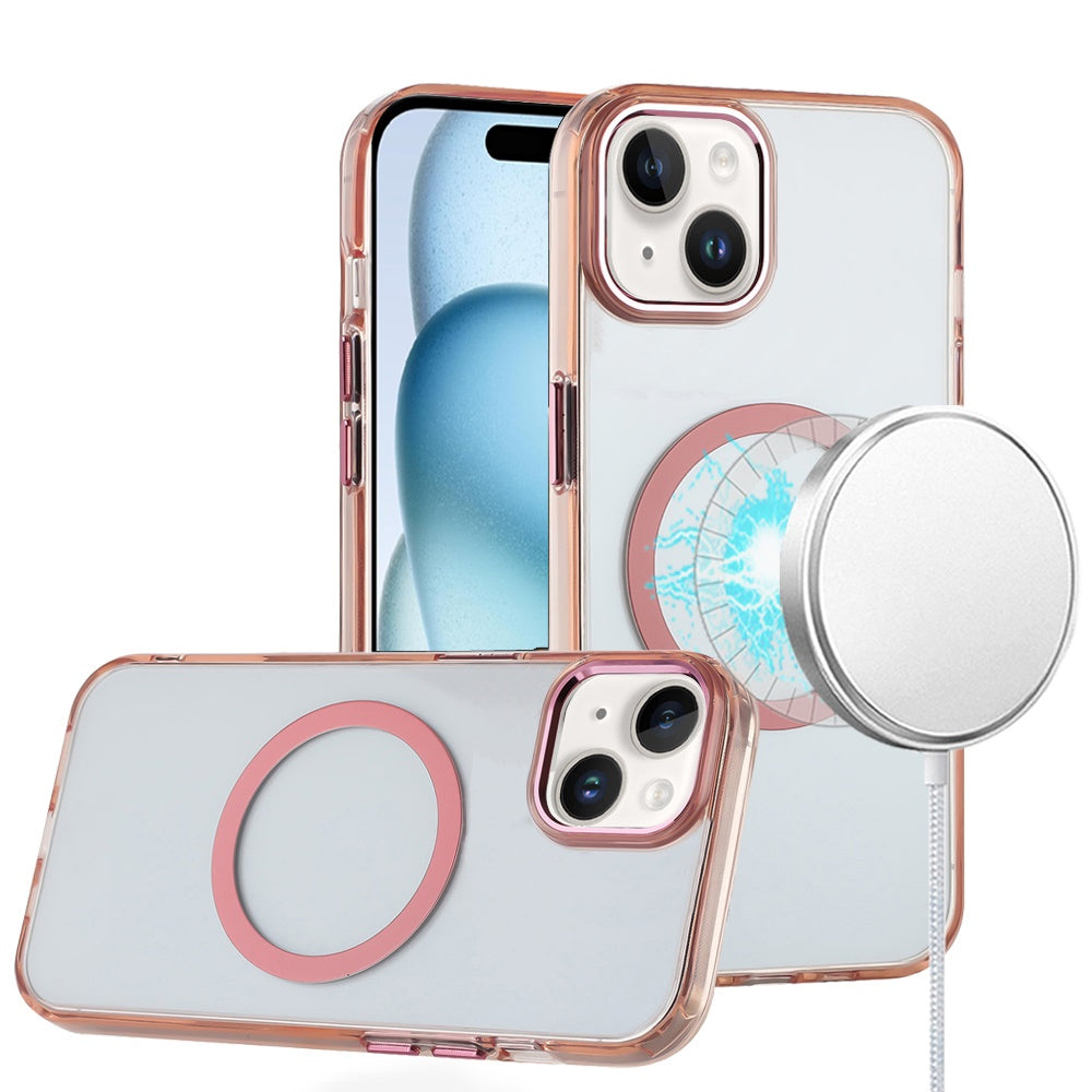 For iPhone 15 (6.1") Transparent Back Hybrid Case - Magnetic Circle, Color Frame, Metal Buttons, MagSafe Compatible Case Cover