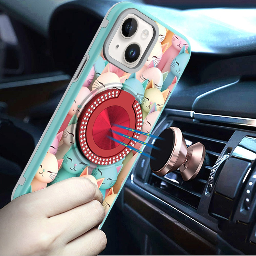 For iPhone 14/13 (6.1") Pattern Design Hybrid with Invisible Ring Stand & Magnetic Back, Shockproof Protective Grip Case Cover