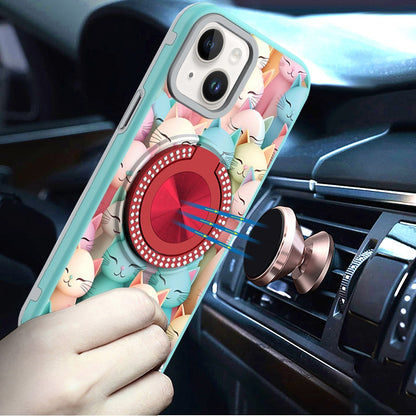 For iPhone 14/13 (6.1") Pattern Design Hybrid with Invisible Ring Stand & Magnetic Back, Shockproof Protective Grip Case Cover