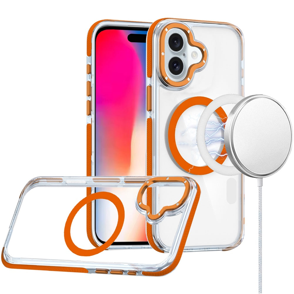 For Apple iPhone 16 Plus (6.7") Transparent back with Colorful Frame Strong Magnetic Circle [Compatible with Magsafe] Shockproof Case Cover Clear Orange