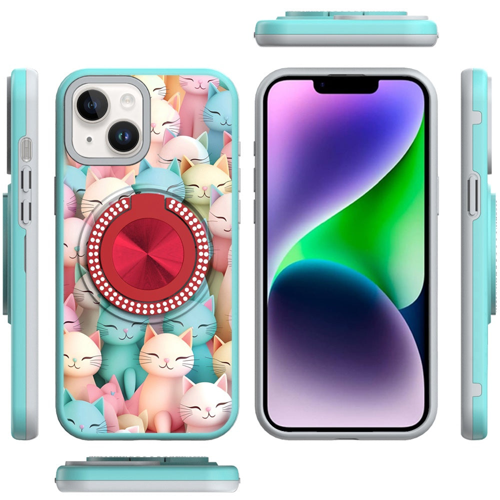 For iPhone 14/13 (6.1") Pattern Design Hybrid with Invisible Ring Stand & Magnetic Back, Shockproof Protective Grip Case Cover