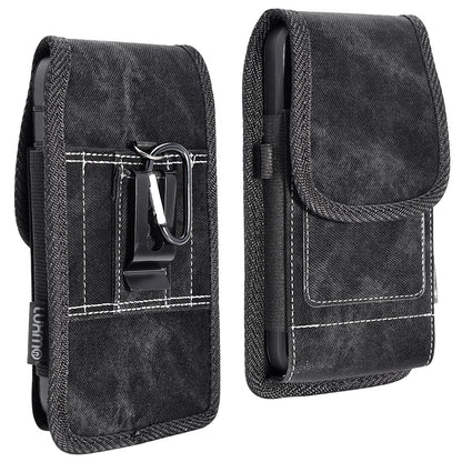 For Apple iPhone 16 (6.1") Universal Vertical Denim Fabric Case Holster with 2 Card Slots, Pen Holder, Belt Clip Loop & Hook Carrying Medium Phone Pouch [Black Denim]