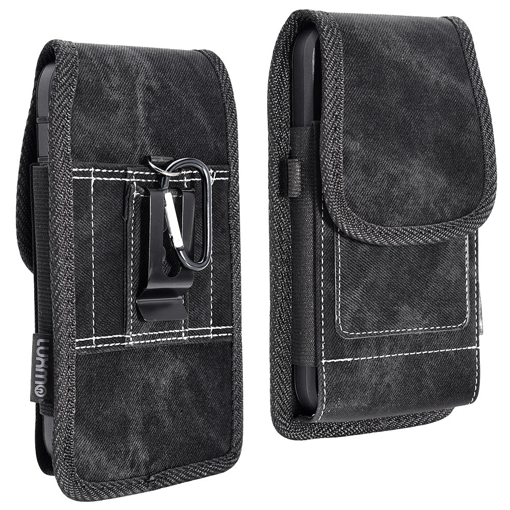 For Apple iPhone 16 Pro (6.3") Universal Vertical Denim Fabric Case Holster with 2 Card Slots, Pen Holder, Belt Clip Loop & Hook Carrying Large Phone Pouch [Black Denim]
