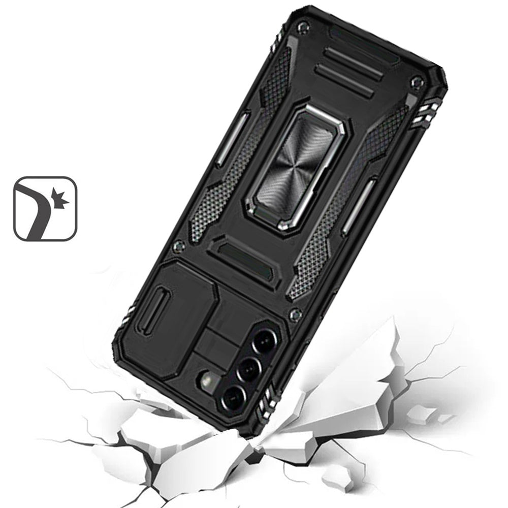 For Samsung Galaxy S21 Tough Hybrid Case with Movable Camera Window & Metal Ring Stand Shockproof Case Cover