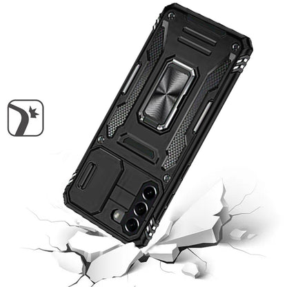 For Samsung Galaxy S21 Tough Hybrid Case with Movable Camera Window & Metal Ring Stand Shockproof Case Cover