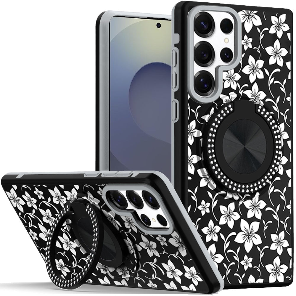 For Samsung Galaxy S25 Ultra Pattern Design Hybrid with Invisible Ring Stand & Magnetic Back, Shockproof Protective Grip Case Cover