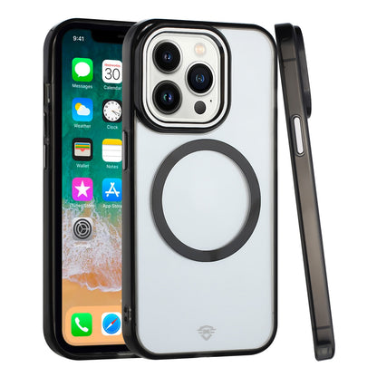 For Apple iPhone 13 Pro Transparent Back Hybrid Case - Magnetic Circle, Color Frame, Metal Buttons, MagSafe Compatible Case Cover Black