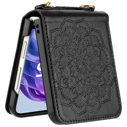 For Samsung Galaxy Z Flip 7 FE Embossed Floral PU Leather Henna Mandala Design Flip Cover with Strap, Hybrid Protective Case Cover Black