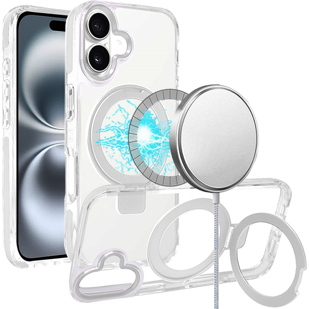 For Apple iPhone 16 Pro (6.3") Hybrid Transparent Circle Back Ring Kickstand [Compatible with MagSafe] Shockproof Color Frame Bumper Case Cover
