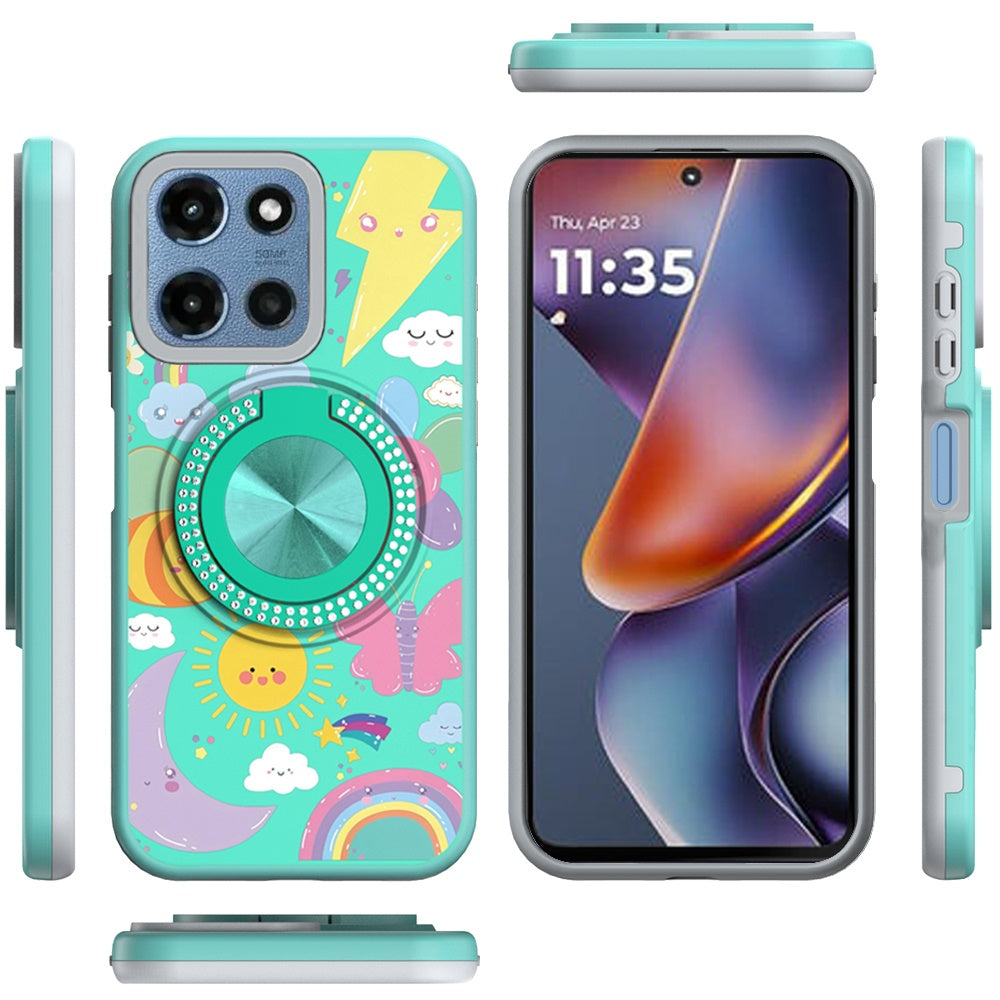 For Motorola Moto G Play 5G 2026 Pattern Design Hybrid with Invisible Ring Stand & Magnetic Back, Shockproof Protective Grip Case Cover