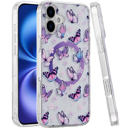For Apple iPhone 17 Pro Stylish Pattern Fashion IMD Printed Design TPU Double Layer Slim Shockproof with Magnetic Back Case Cover Purple Butterflies