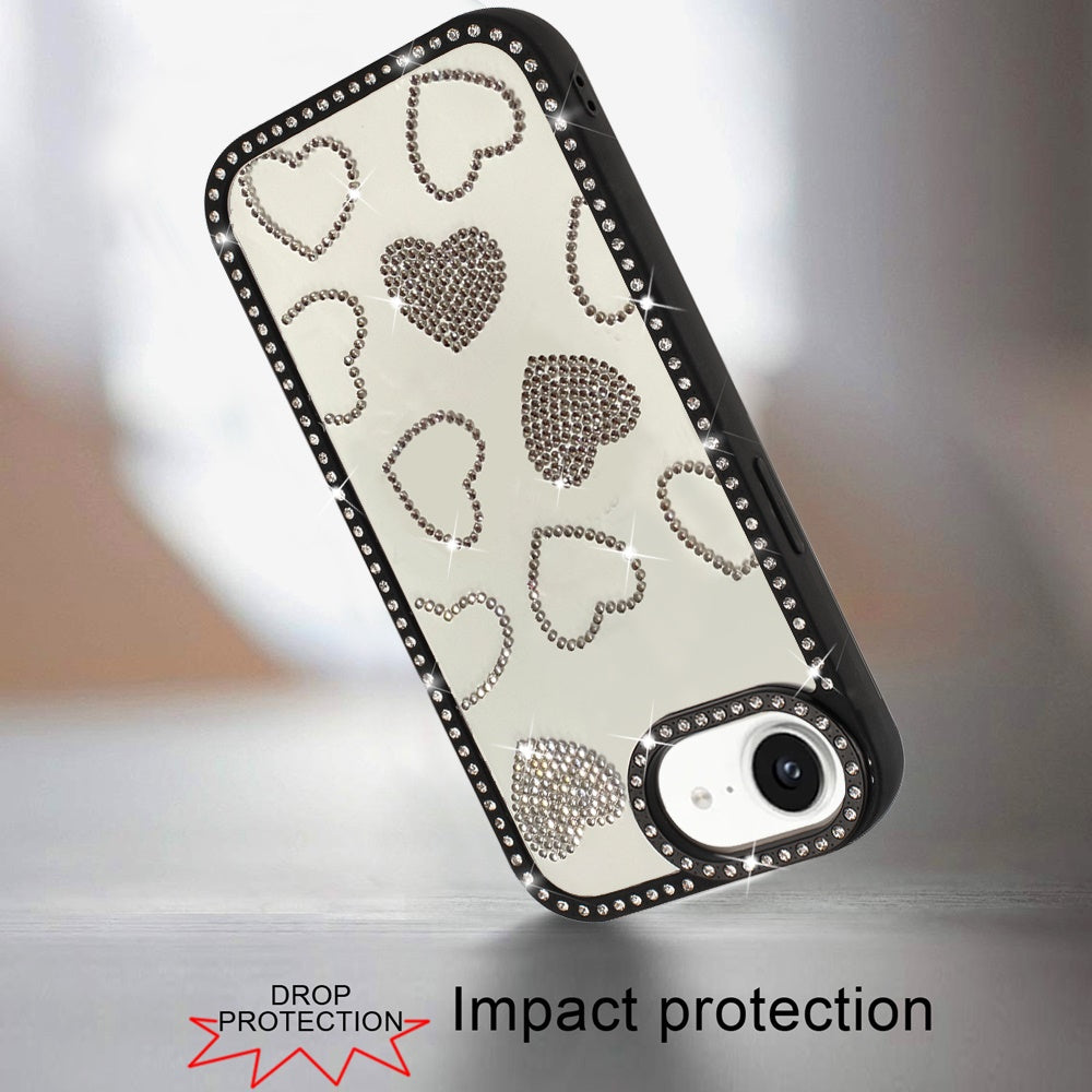 For Apple iPhone 17E /16E Spread Love Glitter Shimmer Bling Diamond Edge Hybrid Drop Protection Shockproof Design Case Cover Black