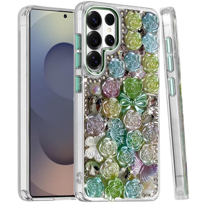 For Samsung Galaxy S25 Ultra Muti-Color Floral Fashion Bling Crystal 3D Full Diamonds Stones Sparkle Rhinestone Glitter Hybrid Case Cover