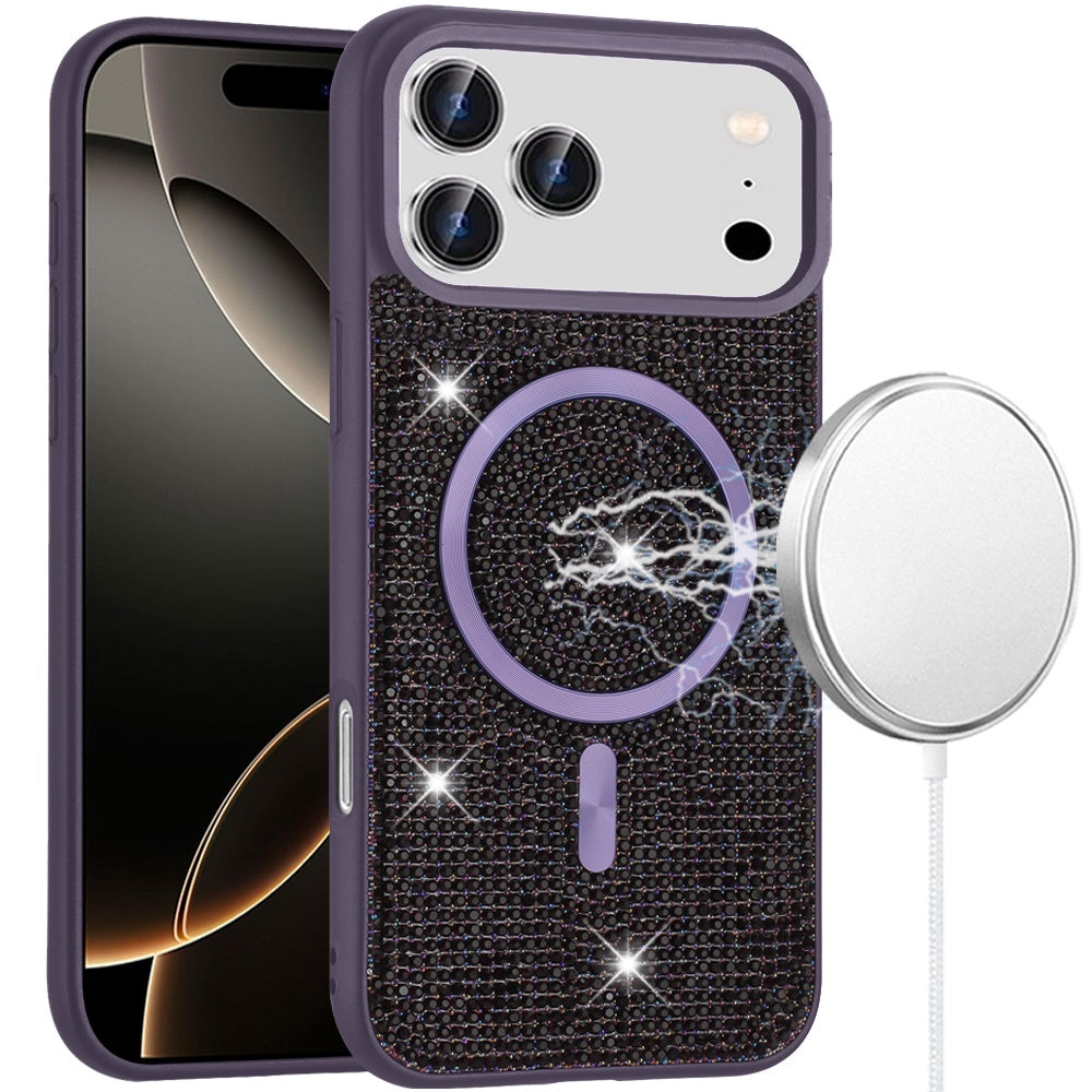 For Apple iPhone 17 Pro Max (6.9") Sparkly Diamond Bling Case Rhinestone Skin Hybrid with Magnetic Circle, MagSafe Compatible Case Cover Purple