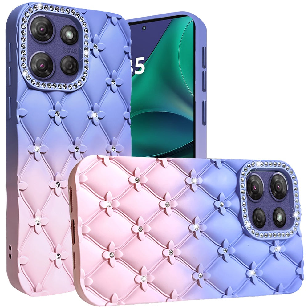 For Motorola Moto G Stylus 5G 2025 Fashion Flower Design Sparkle Glitter Shimmer Rhinestone Bling Floral Accents, Leather Texture TPU Case Cover