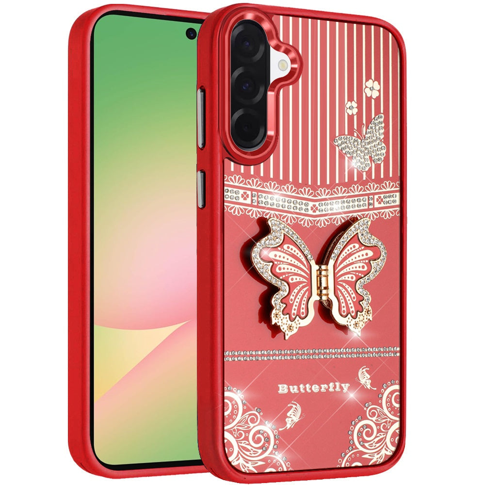For Samsung Galaxy A57 Glitter 3D Butterfly Design Bling Metallic Edge Hybrid Stand Drop Protection TPU Shockproof Case Cover