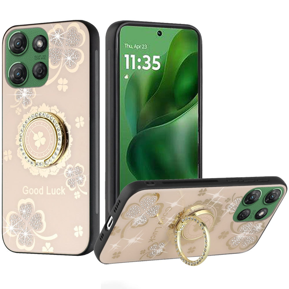 For Motorola Moto G 5G 2025 Diamonds 3D Fashion Floral Bling Sparkly Glitter Ornaments Engraving Hybrid with Ring Stand Case Cover Gold Good Luck Floral