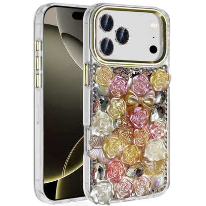 Phone Case for Apple iPhone 17 Pro Max (6.9") 3D Flower Bling Rhinestone Glitter Cute Stylish Shockproof Protective Decorative Luxury Grip Stones Ornaments Cover Orange