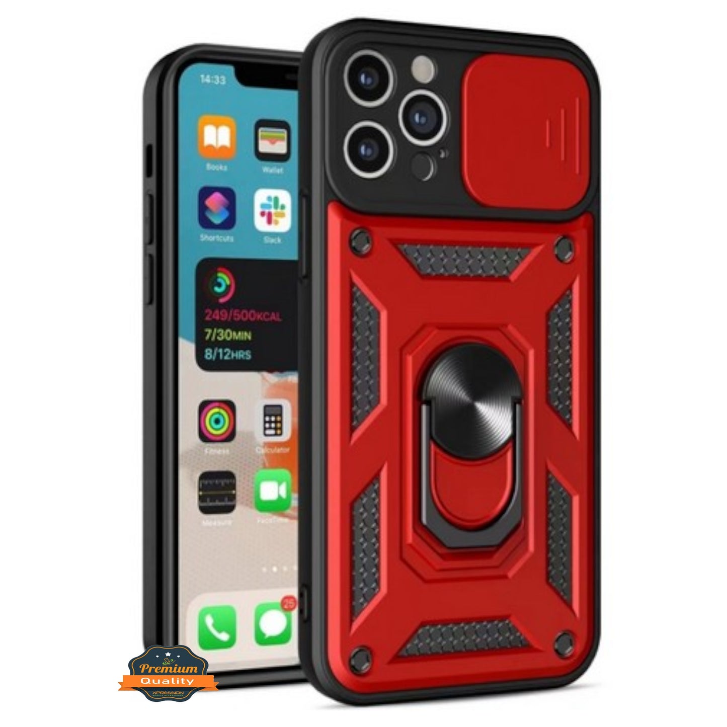 For Motorola Moto G 5G 2025 Hybrid Shockproof, Built-in Sliding Camera Lens Protection with Magnetic Finger Ring Stand Holder Case Cover Red