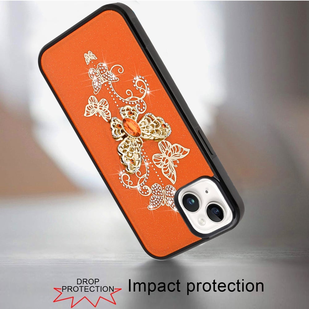 For iPhone 15 Plus (6.7") Diamonds 3D Fashion Bling Sparkly Glitter Ornaments Engraving Hybrid with Ring Stand Case Cover
