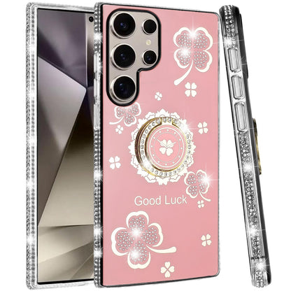 For Samsung Galaxy S25 Ultra Diamonds Bling All Around Edges Sparkly Glitter Hybrid with Ring Stand Holder Fashion Good Luck Case Cover