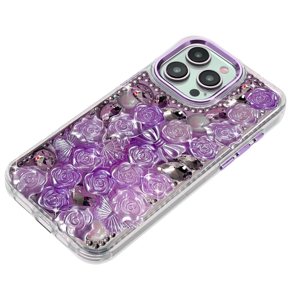 For Apple iPhone 13 Pro Max Muti-Color Floral Fashion Bling Crystal 3D Full Diamonds Stones Sparkle Rhinestone Glitter Hybrid Case Cover Purple