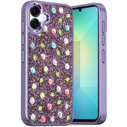 For Samsung Galaxy S26 Floral Design Embedded Glass Diamond Fancy Fashion Glitter Bling Sparkly Hybrid Rugged TPU Bumper Case Cover