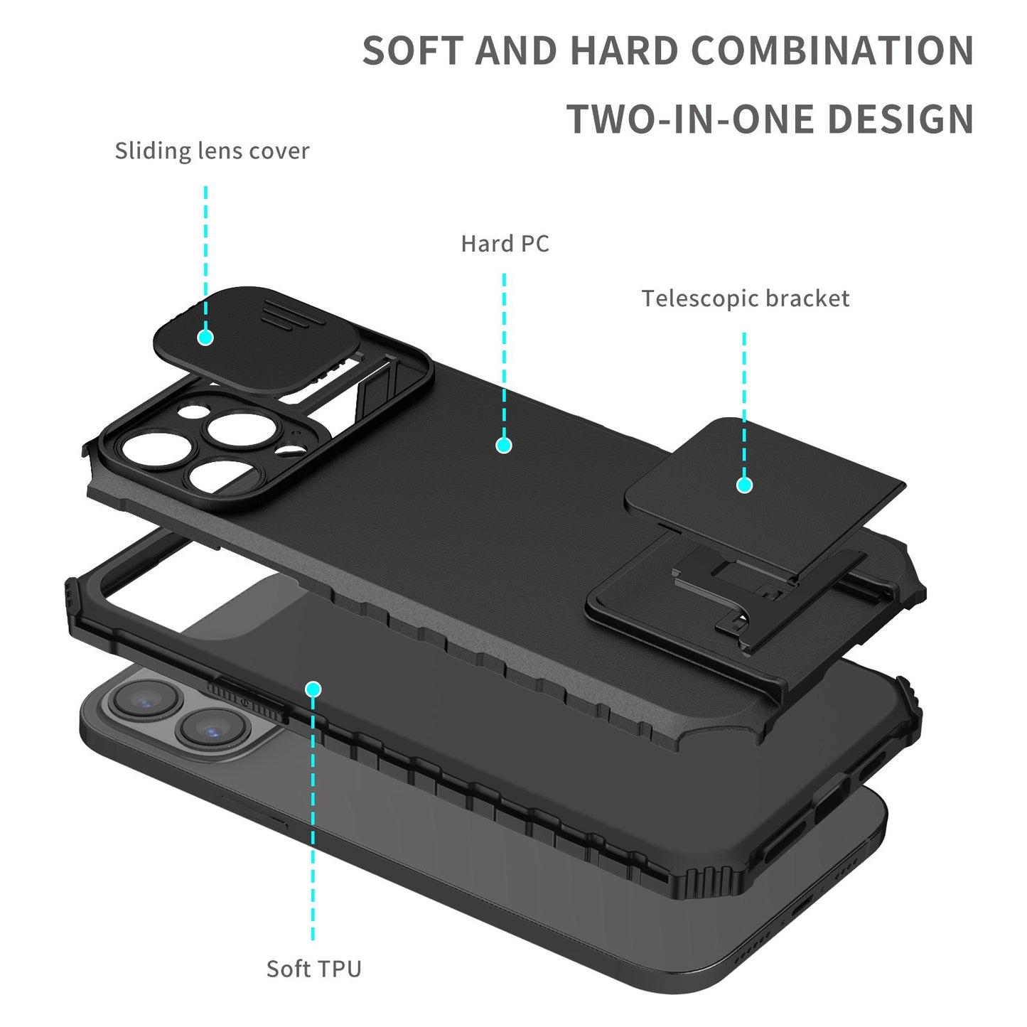 For iPhone XR Hybrid Hard PC & TPU Rubber Shockproof with Kickstand & Covered Camera Protection Case Cover Black