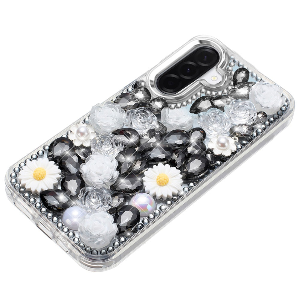 For Samsung Galaxy A37 Fashion Daisy Floral Series, Full 3D Bling Crystal Diamonds Sparkling Rhinestone Glitter Hybrid Design Case Cover