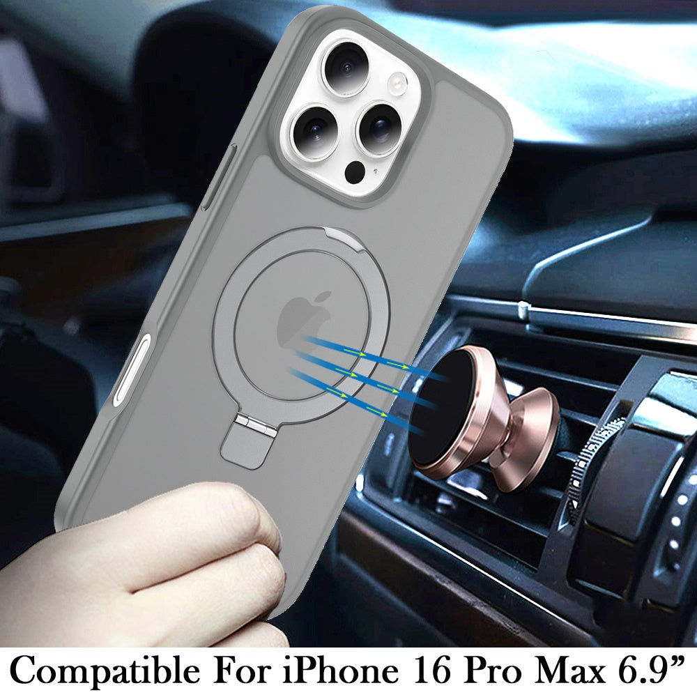 Phone Case for Apple iPhone 16 Pro Max Magnetic Ring Stand Full Rotation Matte Shockproof Grip Anti Slip Durable Camera Protection Hybrid Cover Grey