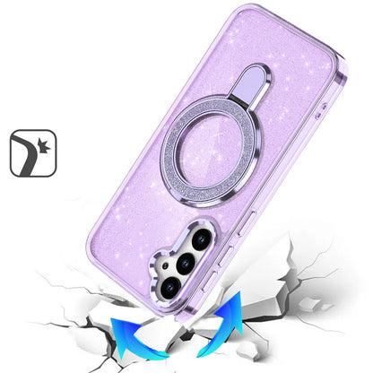 For Samsung Galaxy S25 FE /S25 Fan Edition Transparent Glitter Bling Case with Rotating Magnetic Ring Stand, Shockproof Hybrid Case Cover Clear