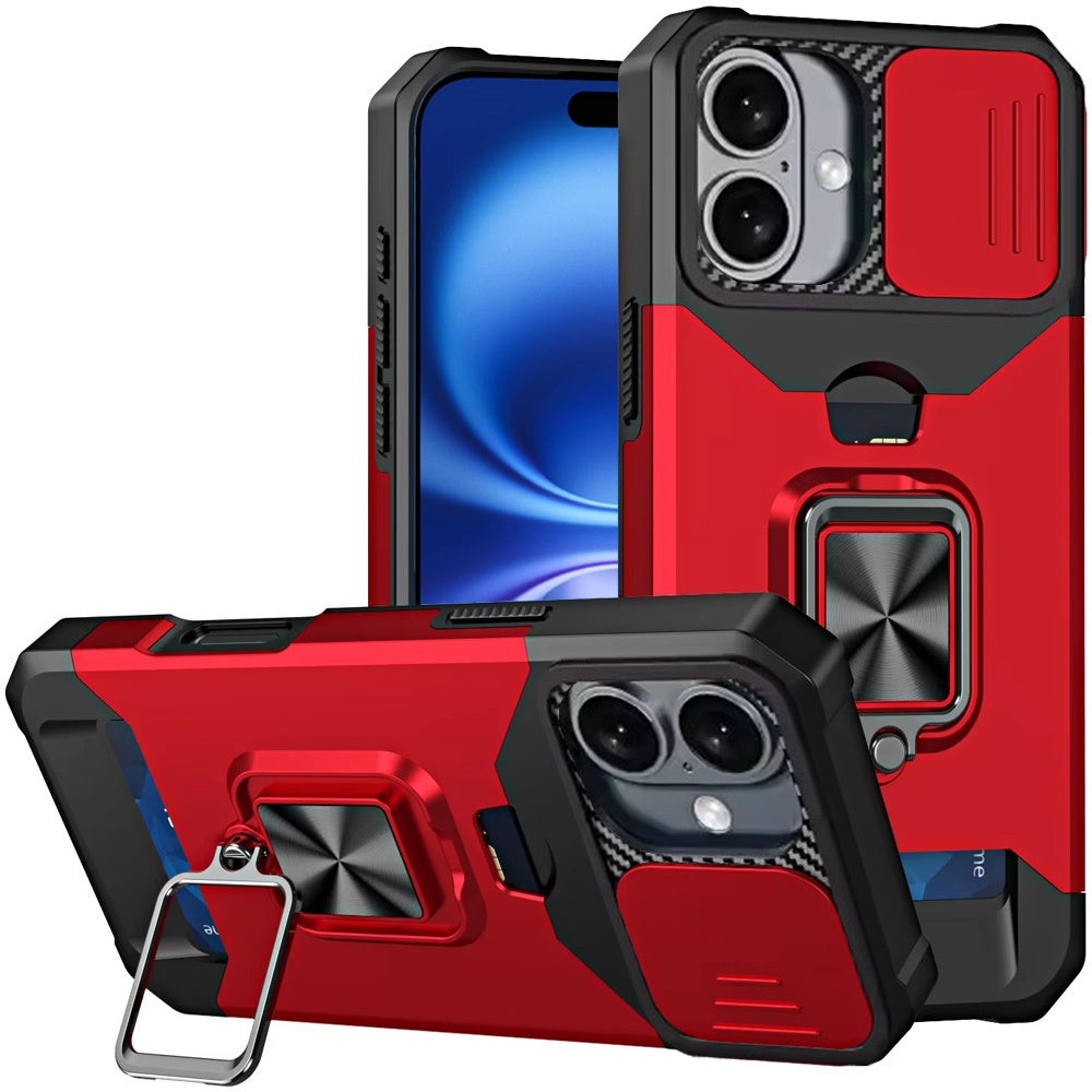 For Apple iPhone 17 (6.3") Wallet Case with Ring Stand & Slide Camera Cover Back Credit Card Slot Holder, Military Grade Case Cover