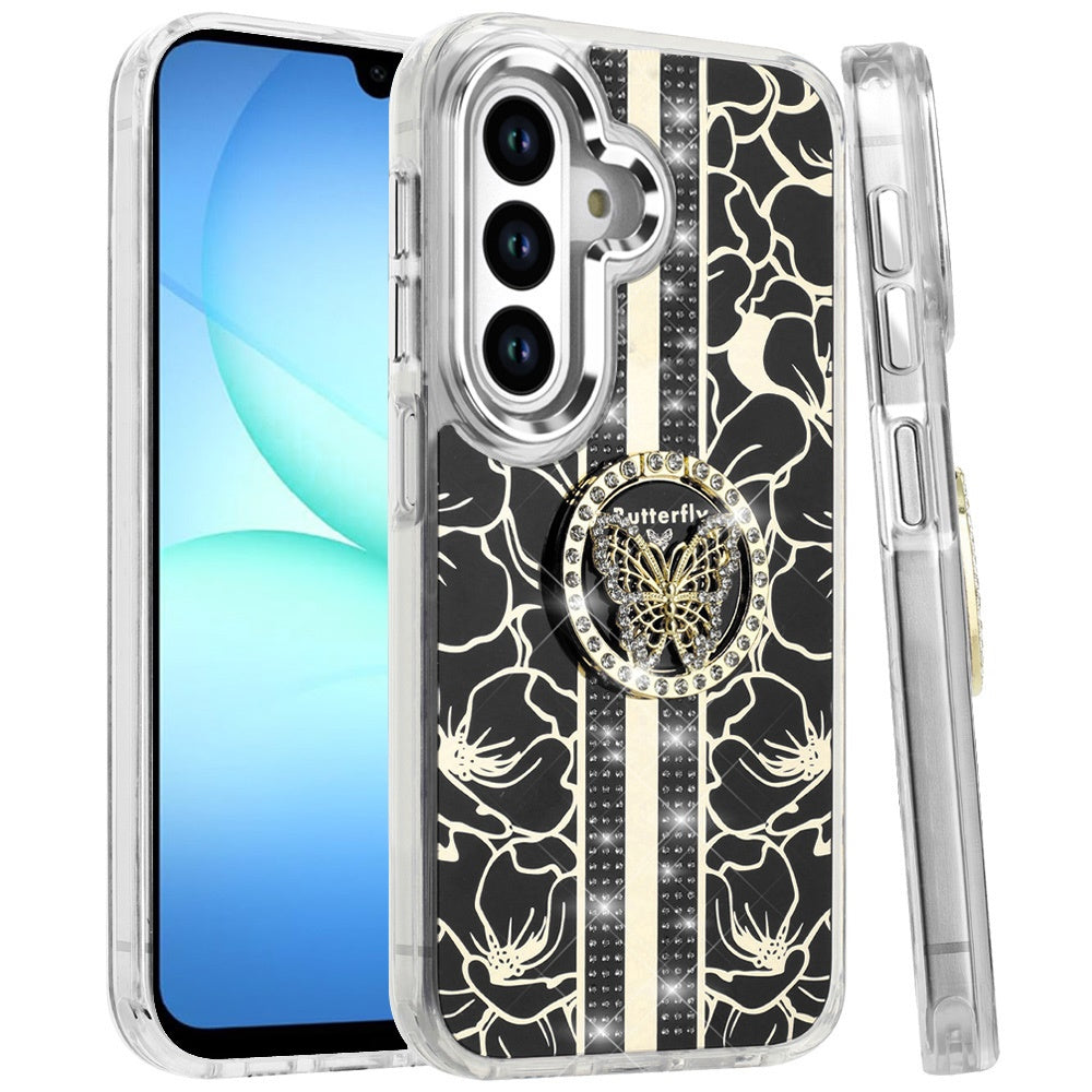 For Samsung Galaxy A17 5G Diamonds 3D Butterfly Floral Design Bling Sparkly Glitter Hybrid Metal Fashion with Ring Stand Case Cover