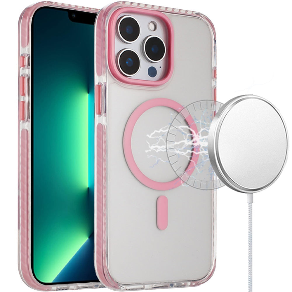 For Apple iPhone 14 /13 Transparent Hybrid with Color-Matched Magnetic Circle, Rubber TPU Frame Hard PC Shockproof Case Cover