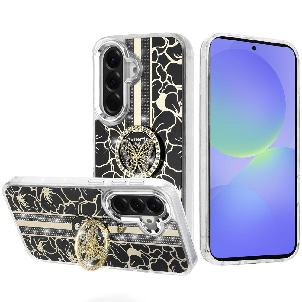 For Samsung Galaxy A37 Diamonds 3D Butterfly Floral Design Bling Sparkly Glitter Hybrid Metal Fashion with Ring Stand Case Cover