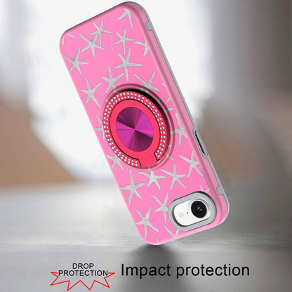 For Apple iPhone 16e Pattern Design Hybrid with Invisible Ring Stand & Magnetic Back, Shockproof Protective Grip Case Cover Pink Starfish