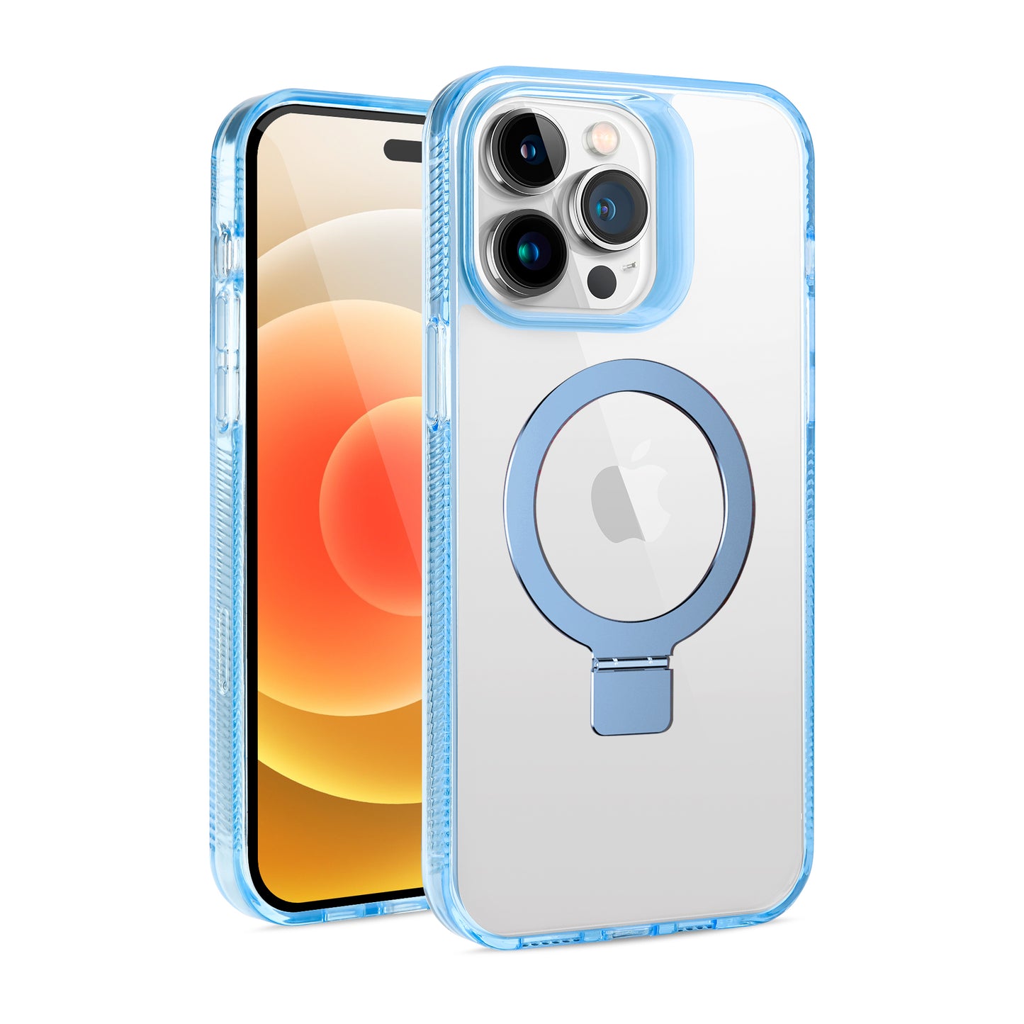 For Apple iPhone 17E /16E Transparent Magnetic Ring Circle Stand with MagSafe Compatible Hybrid Dotted Edged Hard PC Shockproof Case Cover Light Blue