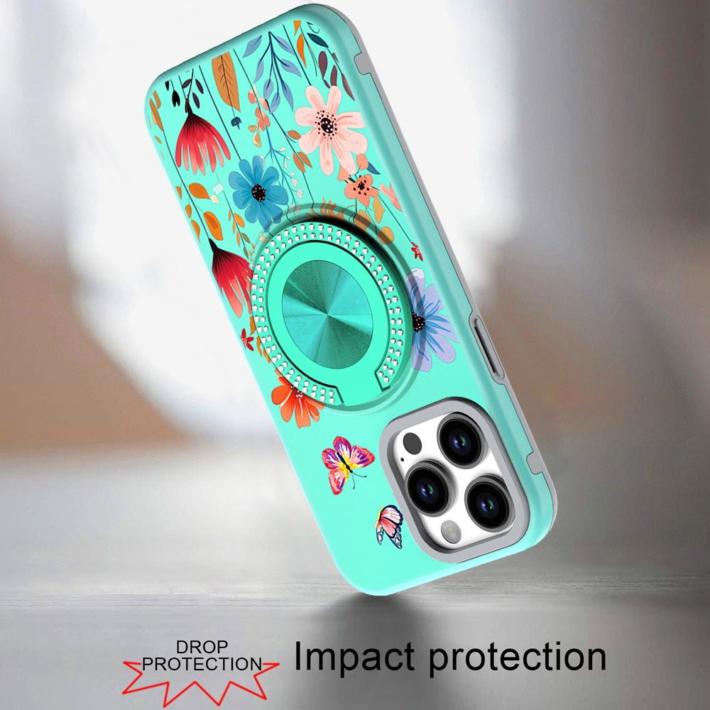 For Apple iPhone 16e Pattern Design Hybrid with Invisible Ring Stand & Magnetic Back, Shockproof Protective Grip Case Cover Summer Bloom