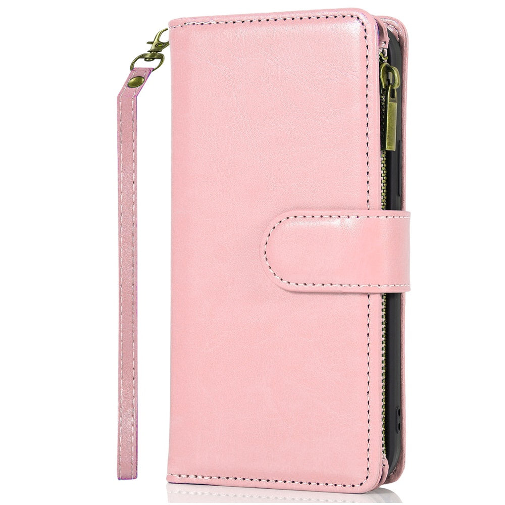 For Motorola Edge 2025 Leather Wallet Case with Zipper, 9 Card Slots, Cash Pocket, Stand & Strap, Clutch Pouch Design Case Cover Rose Gold