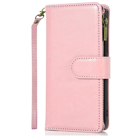 For Motorola Edge 2025 Leather Wallet Case with Zipper, 9 Card Slots, Cash Pocket, Stand & Strap, Clutch Pouch Design Case Cover Rose Gold