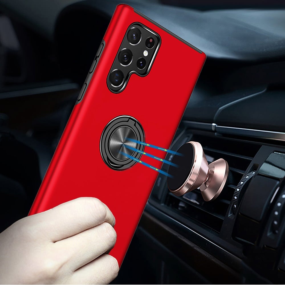 For Samsung Galaxy S23 Hybrid 360 Degree Rotatable Metal Invisible Ring Stand Holder Slim Fit Magnetic Car Mount Shockproof Case Cover Red