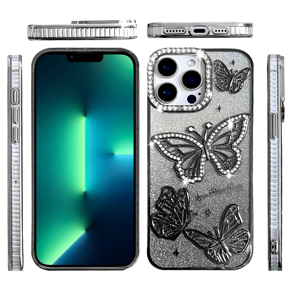 For Apple iPhone 13 Pro Luxury Butterfly Sparkle Glitter Diamond Crystal Rhinestone Shimmer Bling Plating Thick TPU Hard PC Case Cover