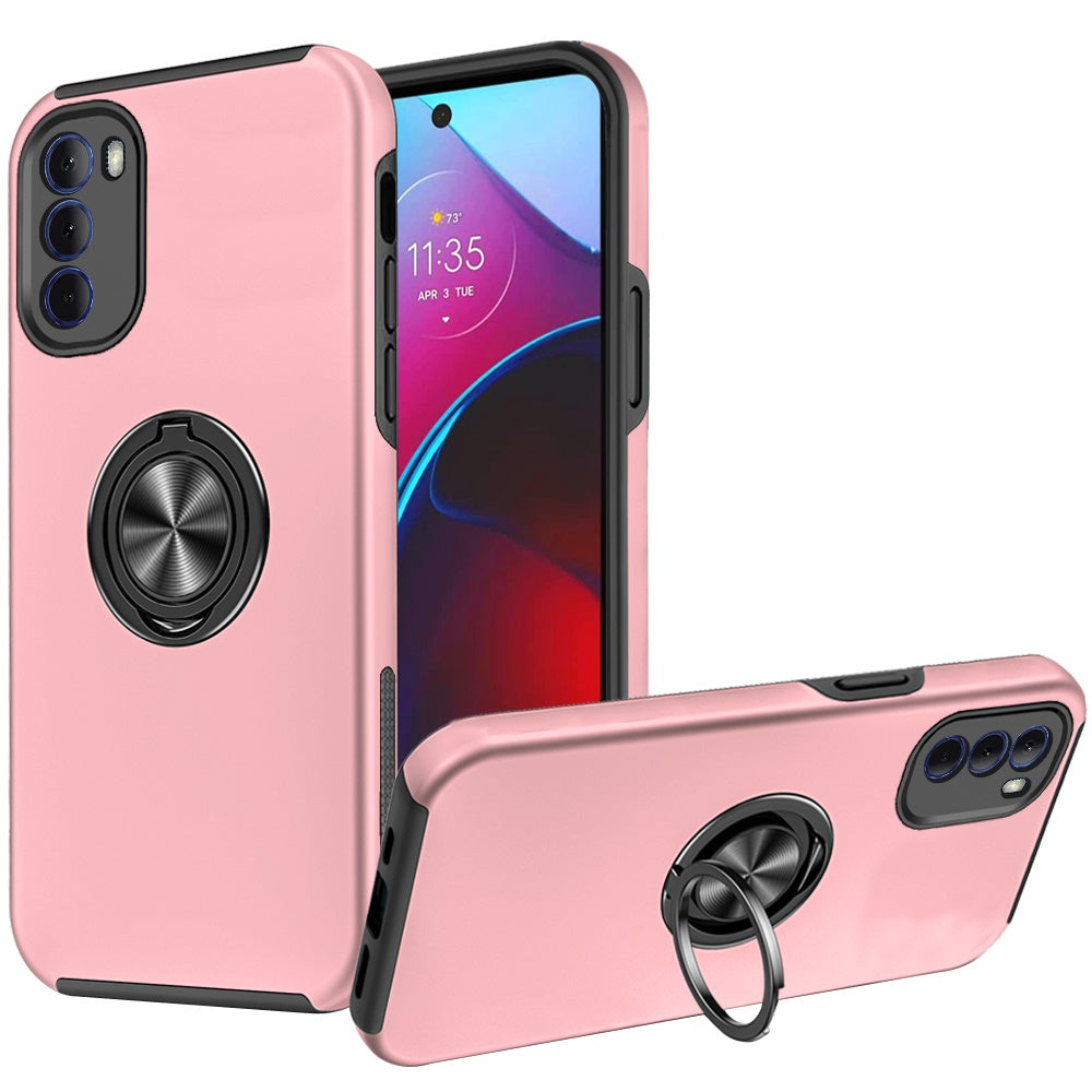For Apple iPhone 15 Pro Max Hybrid 360 Degree Rotatable Metal Invisible Ring Stand Holder Slim Fit Magnetic Car Mount Shockproof Case Cover Rose Gold
