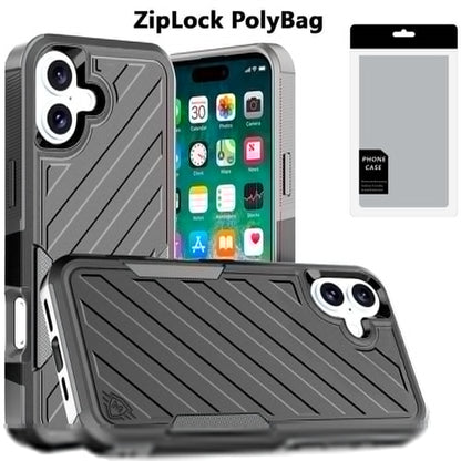 For Apple iPhone 16 Plus Hybrid lined shockproof dual layer Rugged 2in1 Hard PC & Silicone TPU Non Slip Textured Tough Armor Case Cover Black+Grey