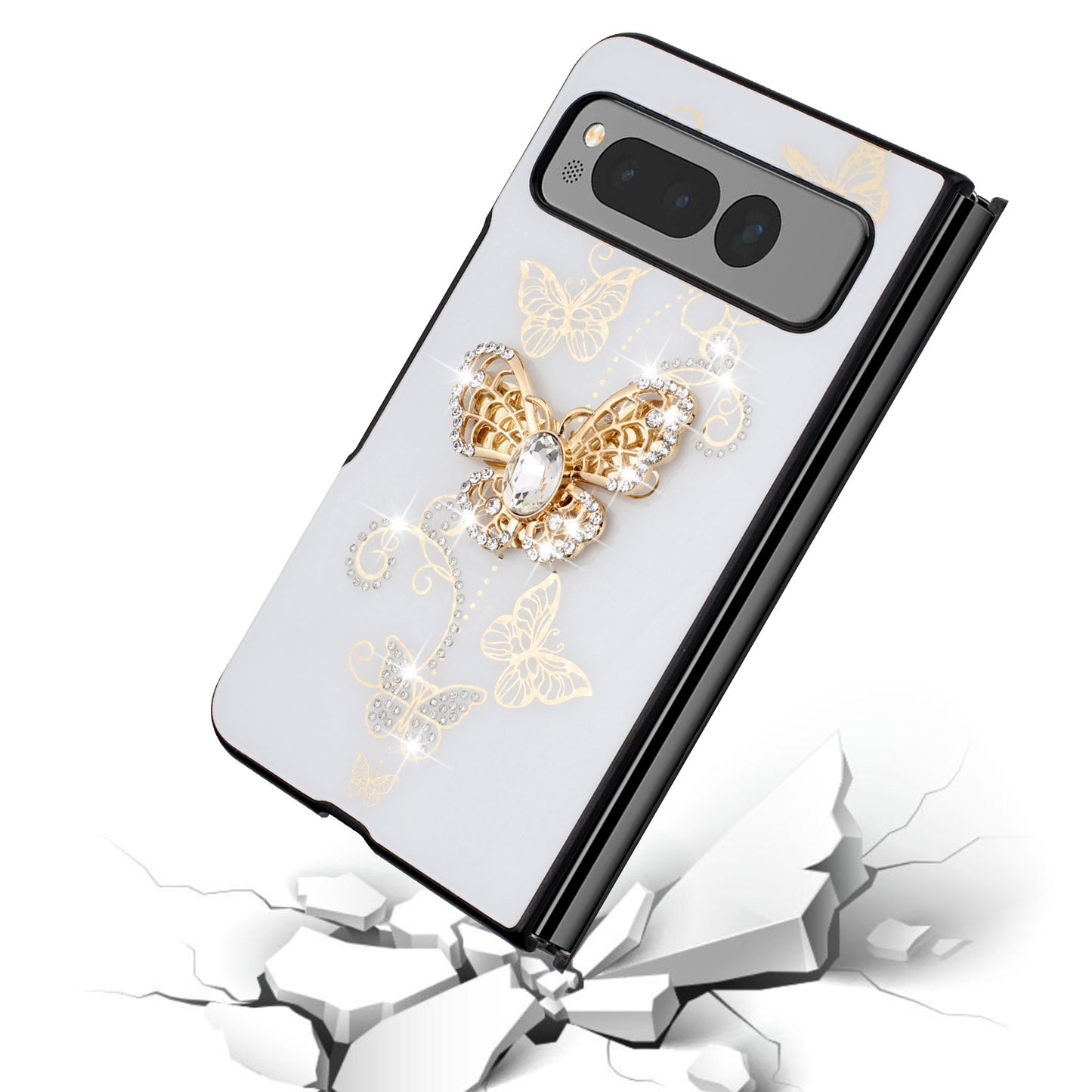 For Samsung Galaxy Z Flip 7 FE Diamonds 3D Butterfly Bling Sparkly Glitter Ornaments Engraving Hybrid Metal Fashion Case Cover White Garden Butterflies