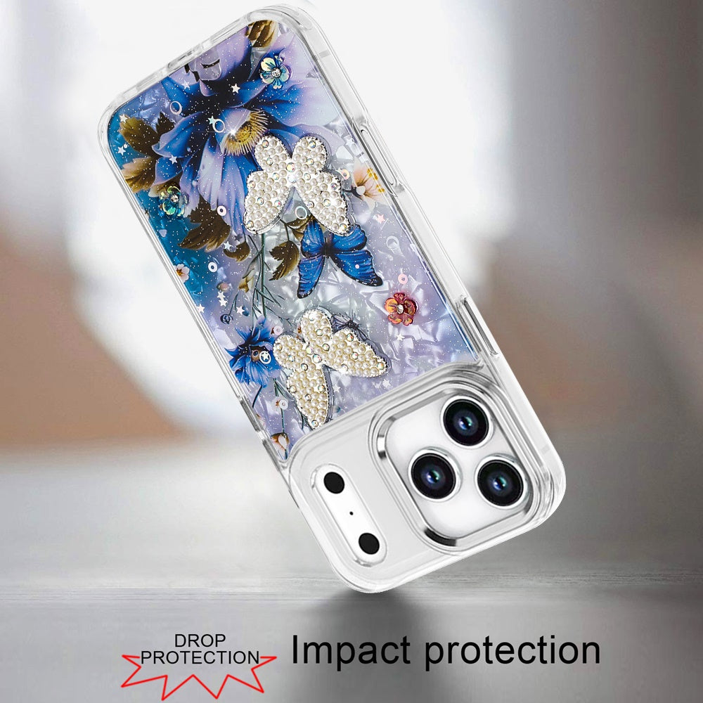 For Apple iPhone 17 Pro (6.3") Epoxy Glitter Flowers Bling 3D Butterfly Fashion TPU Hybrid with Shockproof Protection Case Cover